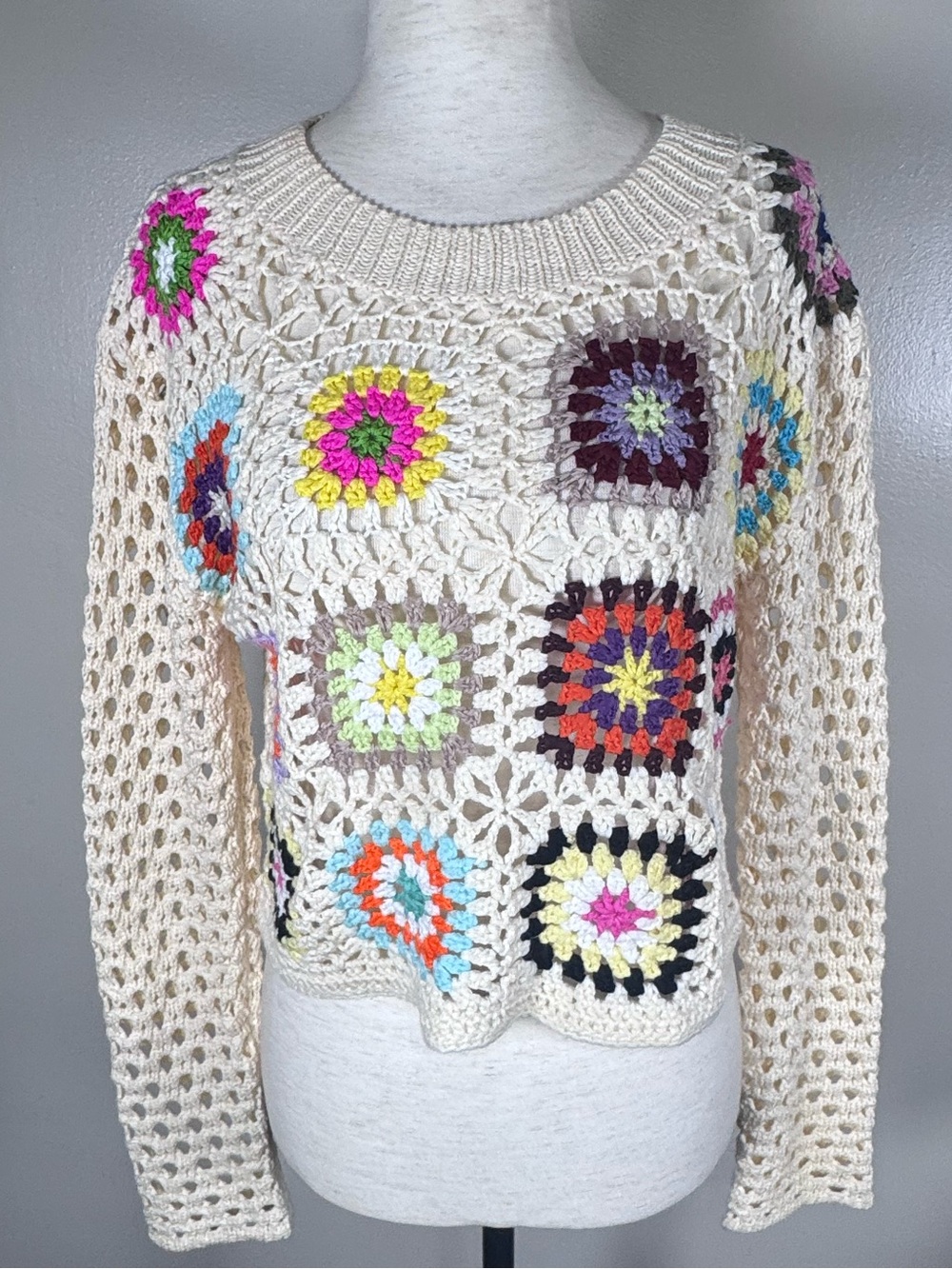 Luna Ivy Anthropologie Sz S Cream Granny Square Cropped Pullover Boho Sweater